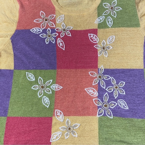 Alfred Dunner Yellow Size XL Floral Embroidered Short Sleeve Sweater Crew Neck - Picture 3 of 7